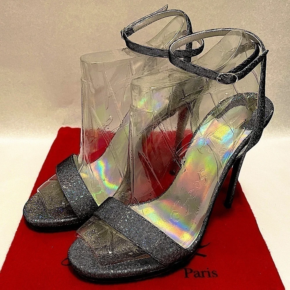 Christian Louboutin LoubiQueen  silver iridescent Glitter disco ball, 100mm EU38